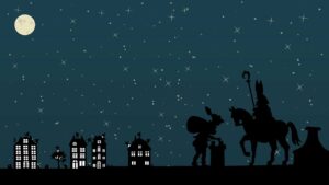 Sinterklaas, Ozosnel en Piet zijn op de daken cadeautjes aan het rondbrengen